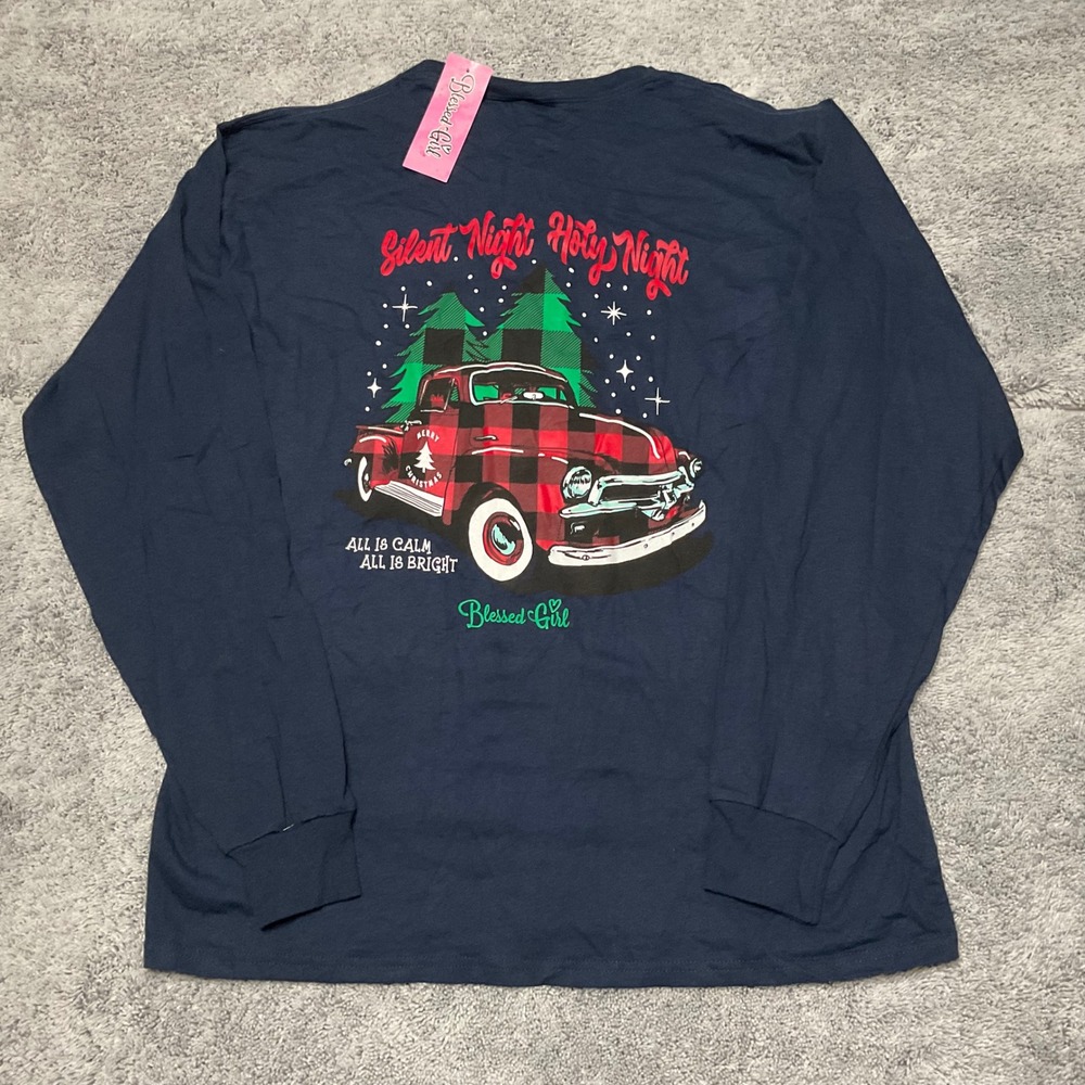 Blessed Girl Silent Night Holy Night Christmas Truck Long Sleeve Tee Navy L